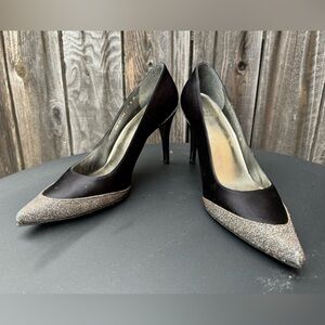 Stuart Weitzman Fairlady Black Satin with Silver Sparkle Accent-Toe Evening Pump